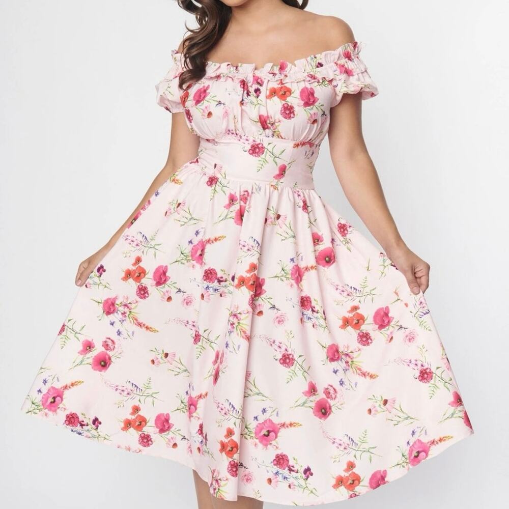 NWT Unique Vintage Floral Off-the-Shoulder Ruffle Swing Dress